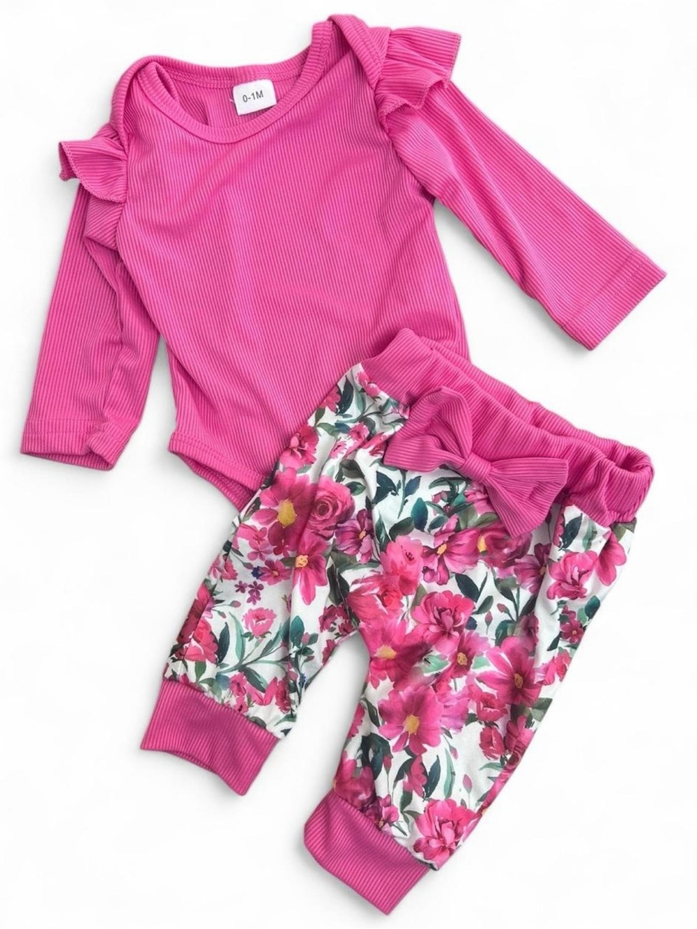 Baby Girl 0-1 Month Pink Ribbed Ruffle Floral Outfit Set Long Sleeve Top & Pants